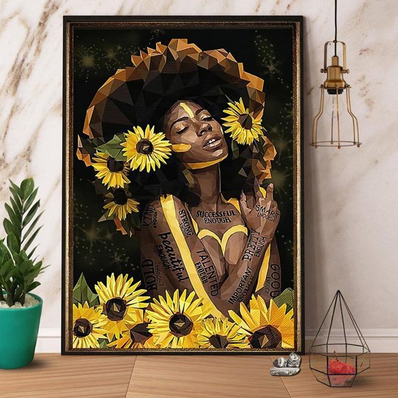 Black Woman With Sunflower Black Girl Magic Afro Girl Paper Poster No Frame Matte Wall Art Decor 11 x 17 Inch Poster