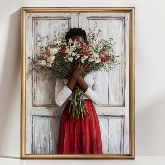 Black Woman with Flowers Wall Art Feminine Afro Portrait Floral Modern Minimalist Decor