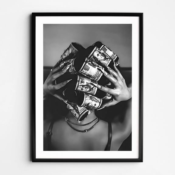 Black Woman with Money on Head Wall Art Black and White Feminist Poster Luxury Fashion Wall Art Trendy Rich Woman Retro Girl Room Decor