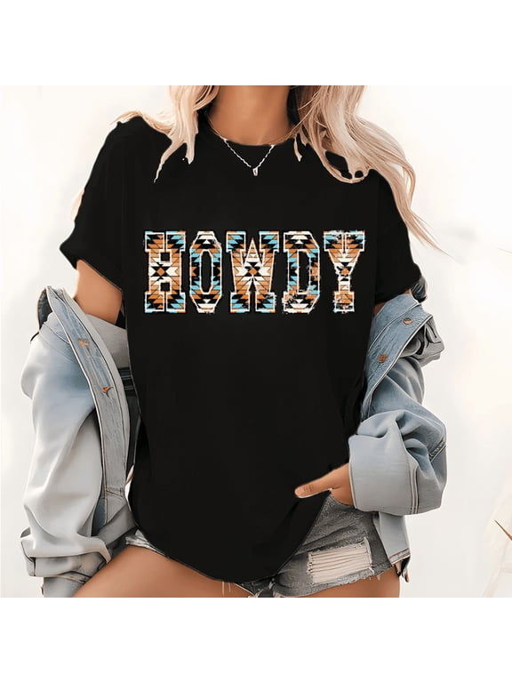 Black Womans Howdy Western Aztec Pattern Graphic Tees Print Tshirt S-5XL Shirts Tops