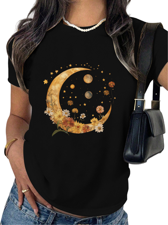 Black Womans Moon Floral Planet Graphic Tees Print Tshirt Shirts Short Sleeve S-5XL Tops