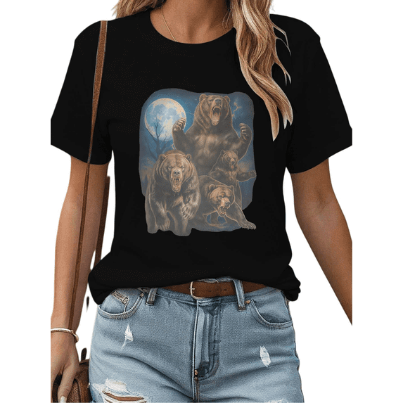 Black Womans Print Tshirt Graphic Tees Shirts S-5XL Roaring Bears Night Fun Cotton Tops