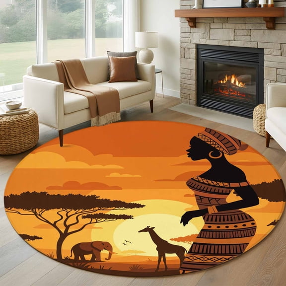 Black Women 8FT Round Area Rugs for Living Room Africa Nation Elephant Giraffe Desert Sunset Ultra-Thin Non-Slip Round Rugs Machine Washable Low Pile Circle Carpet for Bedroom Kitchen Nursery