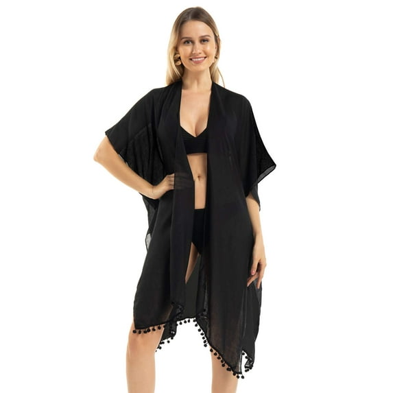 Black Women Beach Swimsuit Cover Ups Plus Size, Long Kimonos Bathing Swimwear Suit Boho Bikini Coverups Beach Accessories Lightweight Summer Tassel Casual Cardigan for Vacation Cruise Essentials