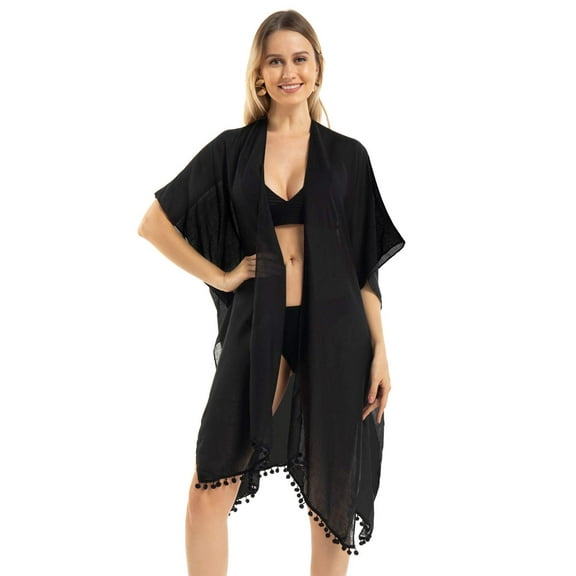 Black Women Beach Swimsuit Cover Ups Plus Size, Long Kimonos Bathing Swimwear Suit Boho Bikini Coverups Beach Accessories Lightweight Summer Tassel Casual Cardigan for Vacation Cruise Essentials