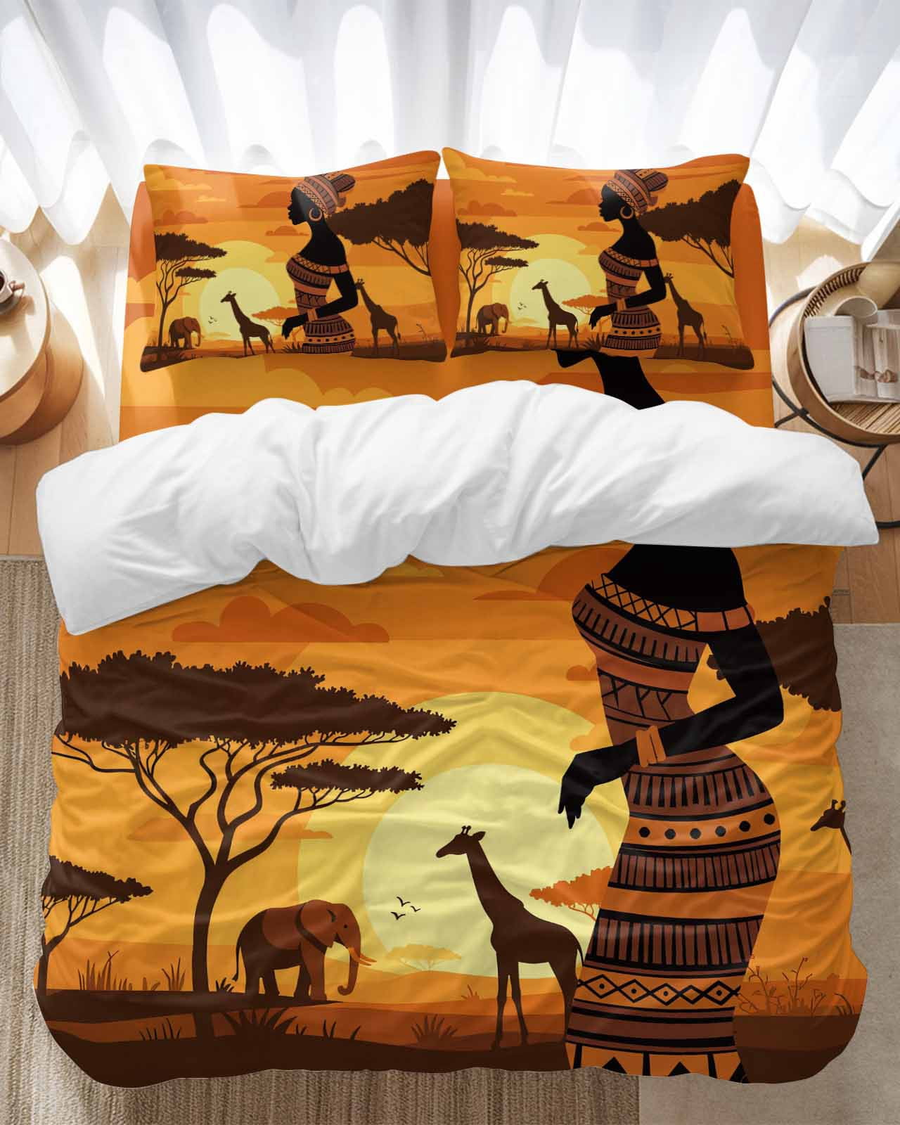 Black Women Bedding Duvet Cover Set Queen Size 4 Pieces Africa Nation Elephant Giraffe Desert Sunset Bedding Set with Zipper Closure, 1 Comforter Cover 90x92 Inches 1 Flat Sheet & 2 Pillow Cases