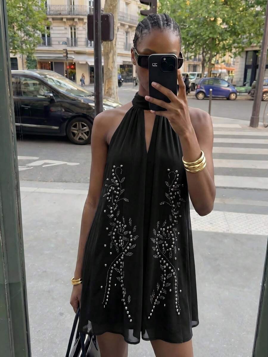 Black Women Boho Halter Sleeveless Mini Dress With Studded Floral ...