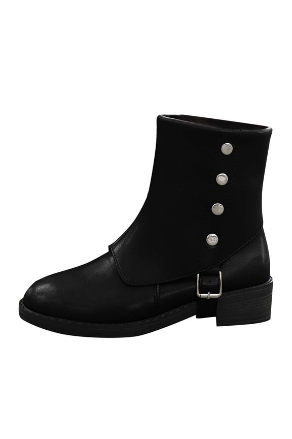 Black Women Boots Round Toe Design Metal Detail Chunky Heel Comfortable Insole Supportive Arch For Daily Wear