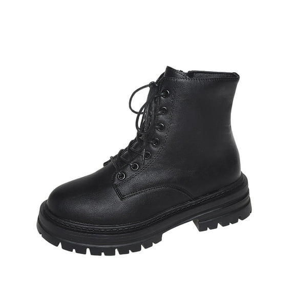 Black Women Boots With Lace-Up Front Side Zipper Thick Sole Block Heel For Fall Winter Wear