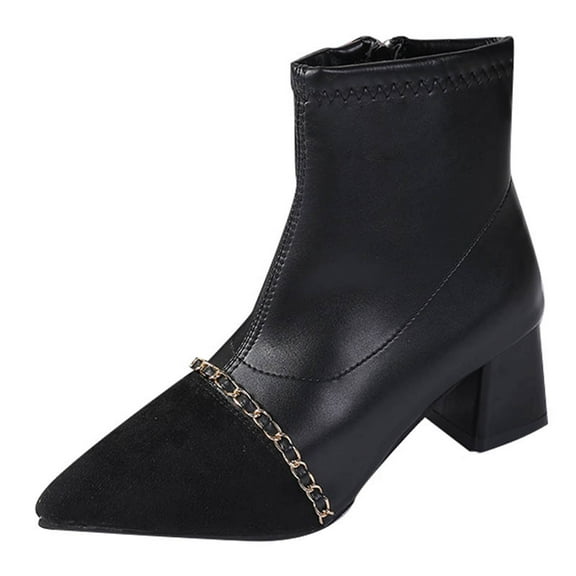 Black Women Boots With Pointed Toe Chunky Heel Plush Lined Black For Fall Winter Fashion