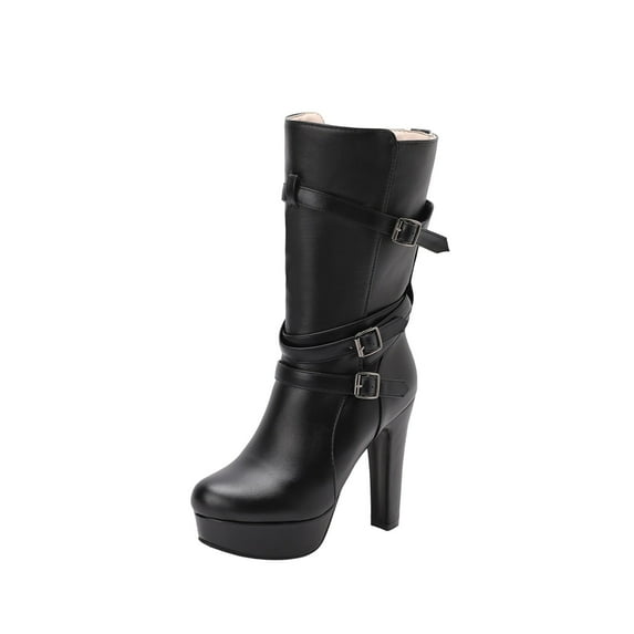 Black Women Casual Belt Buckle Ankle Boots Thick High Heel Platform Fall Winter Fashion Trendy Personality