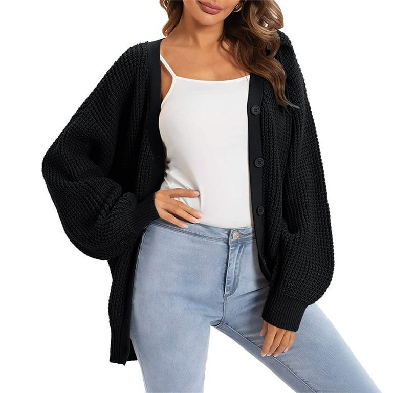 Aligament Black Women Casual Cardigan Sweater Coat Button Down Long Sleeve Oversized Knit Cardigans Sweaters for Fall Women s Size Small