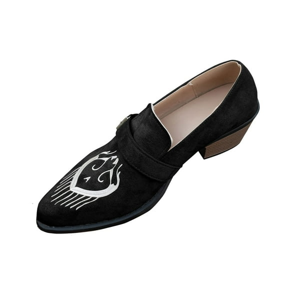 Black Women Casual Heels Ethnic Style Printed Shallow Mouth Thick Heel For Indoor Outdoor Activities