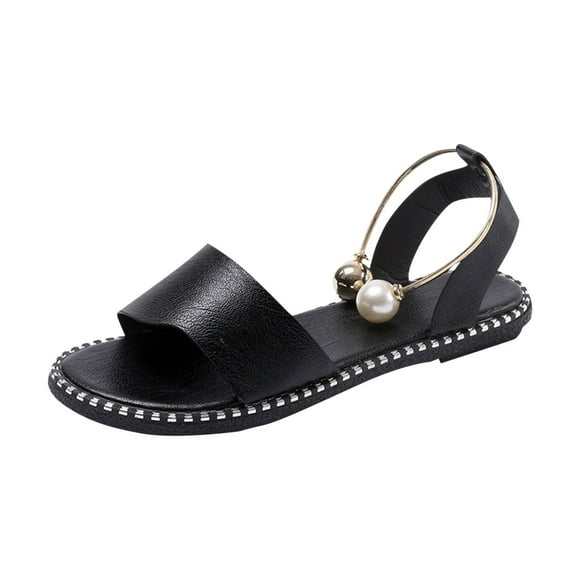 Black Women Casual Open-Toe Roman Sandals Flat-Soled For Spring Summer Outdoor Leisure Comfort Footwear With Cushioned Footbed And Easy Care