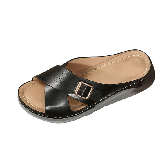 Black Women Casual Slippers Featuring Fish Mouth Style Wedge Heel And Thick Sole For Summer Activities And Relaxation