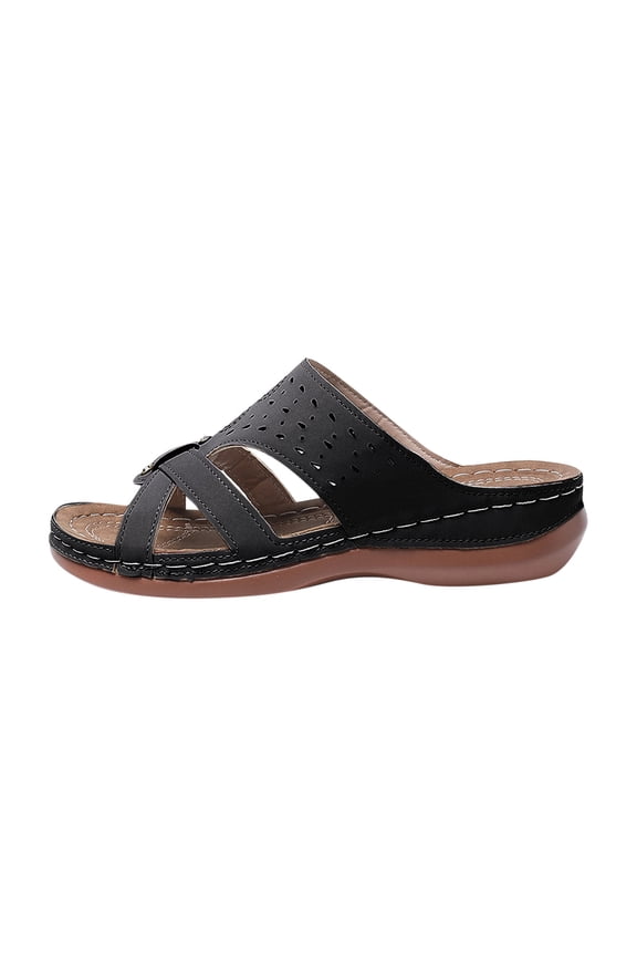 Black Women Casual Spring Round Toe Wedge Heels, Open Toe Thick Bottom For Daily Adventures, Breathable Material