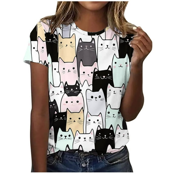 Black Women Cat Graphic Loose Fit Top Crewneck Spandex Blouses for Women Short Sleeve Casual Kawaii Summer Fall Shirt 2025 Clothing Fashion M