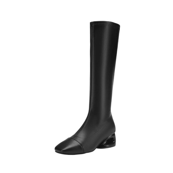 Black Women Chic Knee-High Boots With Square Toe Side Zipper Special-Shaped Low Heel For Winter Outdoor Indoor
