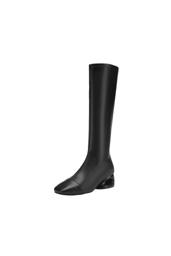 Black Women Chic Knee-High Boots With Square Toe Side Zipper Special-Shaped Low Heel For Winter Outdoor Indoor