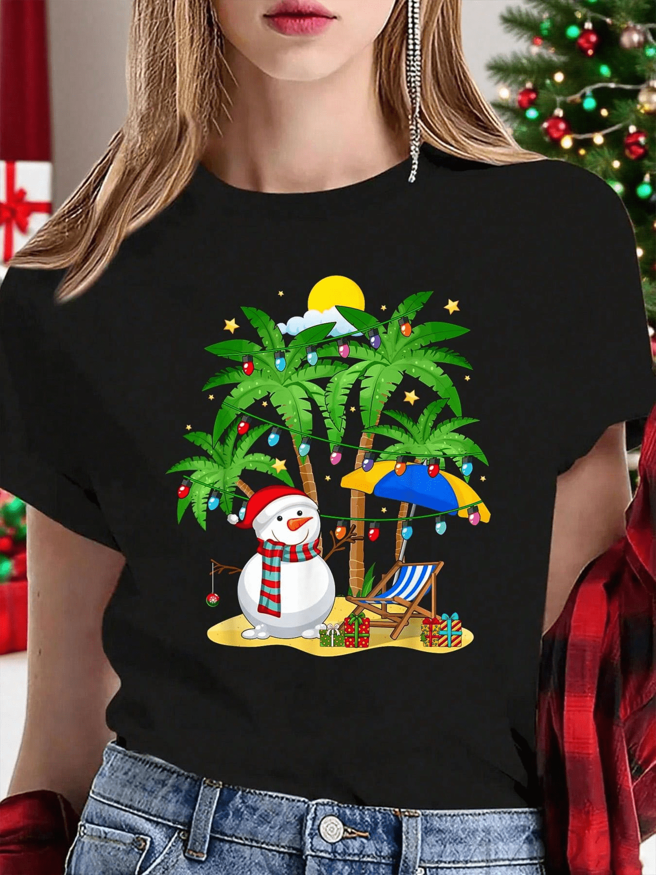 Black Women Christmas T-Shirt, Beach Snowman under Palm Trees Holiday ...