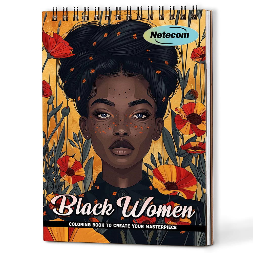 Black Women Coloring Book Spiral Bound For Adults, A5 Wooden Cover, 30 Coloring Pages of Beautiful Black Women, Natural Hairstyles, Afrocentric Fashion for Stress Relief and Relaxation