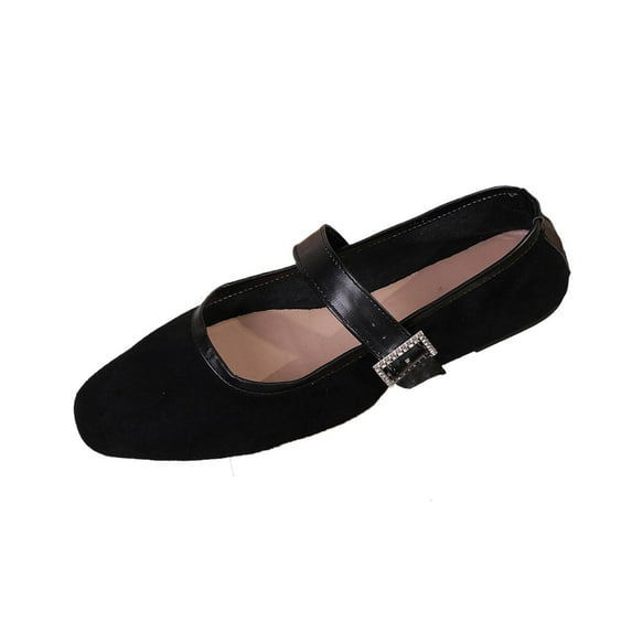 Black Womens Casual Slip On Flats Mary Jane Style With Rhinestone Buckle Round Toe Soft Fabric for Daily Wear Size 7.5