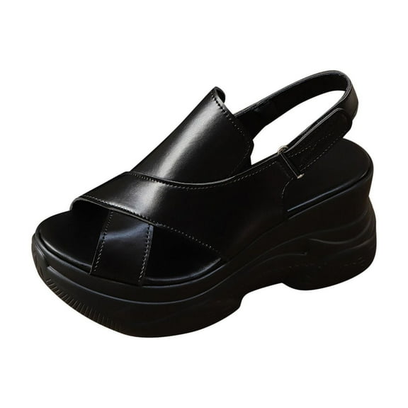 Black Women Comfort Sandals Featuring Fish Mouth Open Toe One Line Buckle Construction And Thick Bottom Wedge For Spring Summer