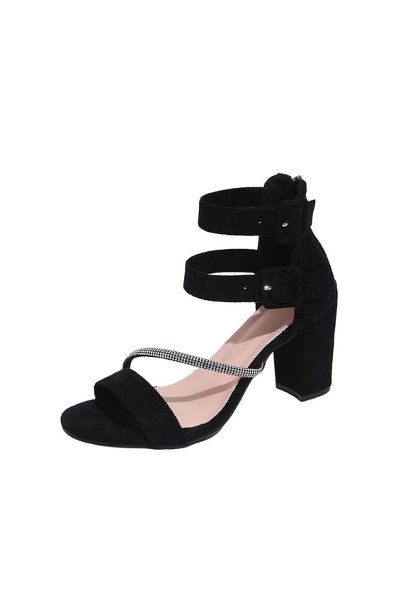 Black Women Comfortable Solid Color Round Toe High Heel Sandals With Rhinestones Back Zipper Flock Material For Everyday Casual Look