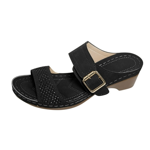 Black Women Fashion Slippers With Solid Color Round Toe Open Toe Metal Buckle One Foot Thick Bottom Wedge For Comfort