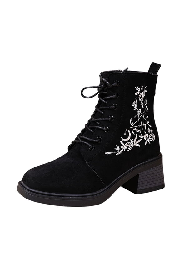 Black Women Fashionable Casual Mid Tube Versatile Side Zipper Boots With Flower Embroidery Temperament Commuting Round Head Thick Sole Thick Heel Lace Up Short Tube Work Style