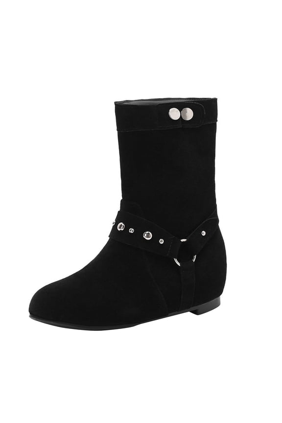 Black Women Fashionable Casual Versatile Trendy And Cool Suede Round Toe Boots With Sloping Heel Increased Height Belt Buckle Midsole And Durable Build