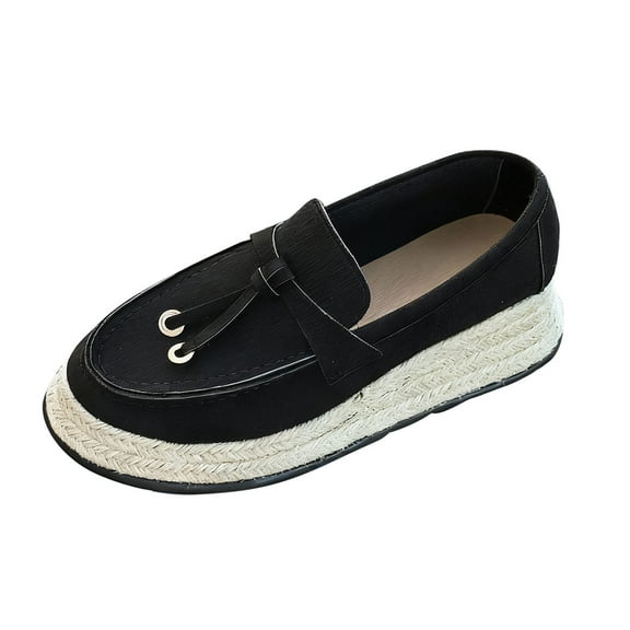 Black Loafers For Women Fashionable Casual All Seasons With Round Toe Slip On Wedge Heel Solid Color Comfortable Non-Slip Durable 0.7 Lb Size 40