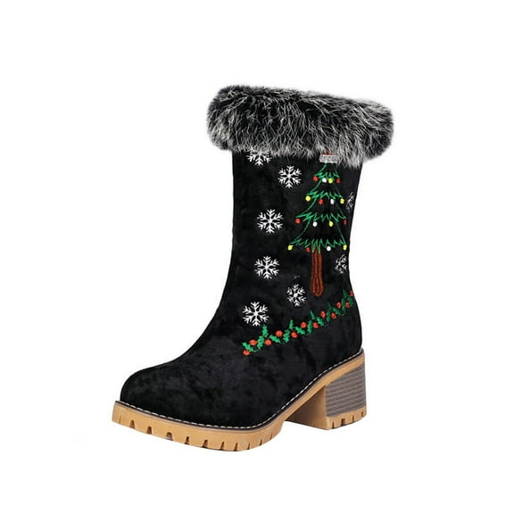Black Women Festive Boots With Holiday Design Thick Sole For Comfortable Seasonal Wear