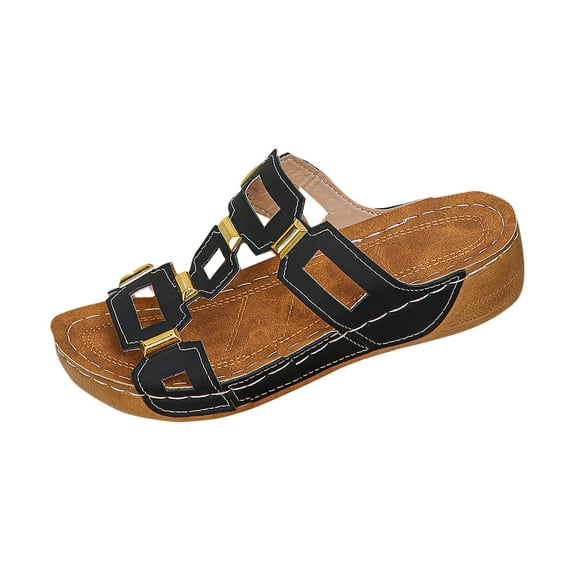 Black Women Fish Mouth Slippers Thick Wedge Sole Pu Upper Summer Casual Comfortable Wear