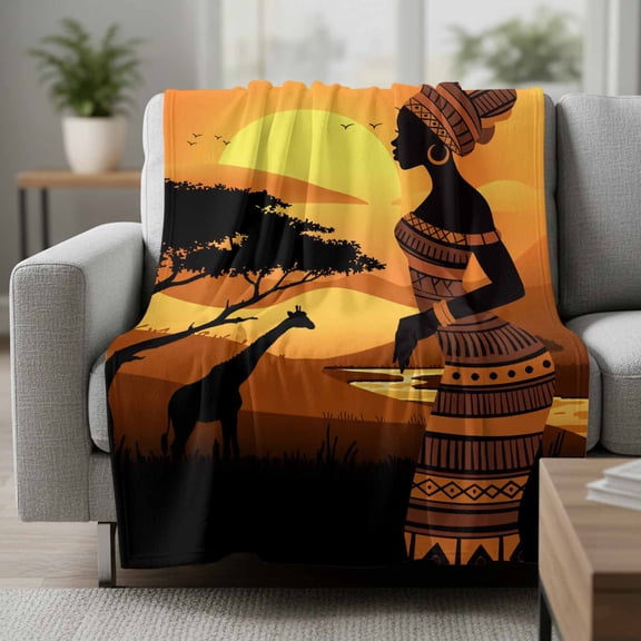 Black Women Fleece Throw Blanket Africa Nation Giraffe Ultra Soft Fuzzy Cozy Flannel Throw Blanket for Couch Sofa Bed Car Travel, Ideal Gifts 30x40 Inches