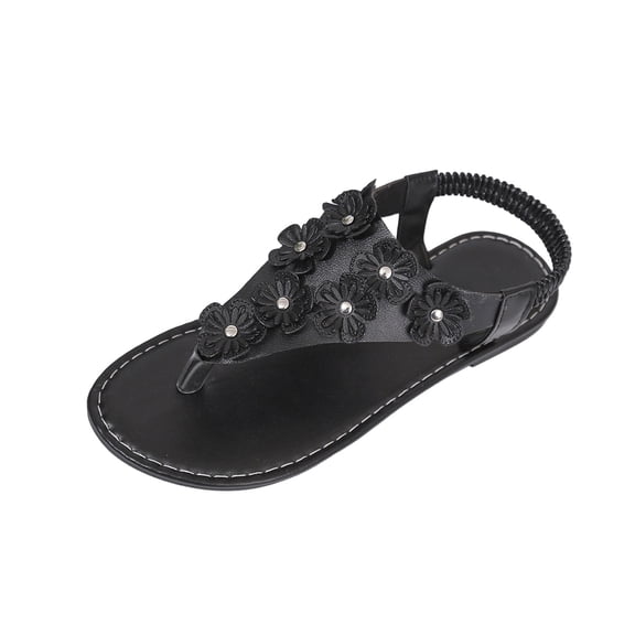 Black Women Floral Thong Sandals Casual Open-Toe Flat Soft Sole Elastic Back Strap Outdoor Versatile Plus Size Shoes Footwear For Leisure Activity Size 43 Eu Us 9.5 Foot Length 10.43 Inche