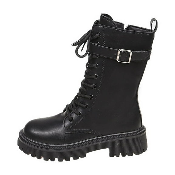 Black Women Front Lace Up Mid Calf Boots Round Toe Side Zipper Chunky Heel Low Heel Solid Color Casual Style