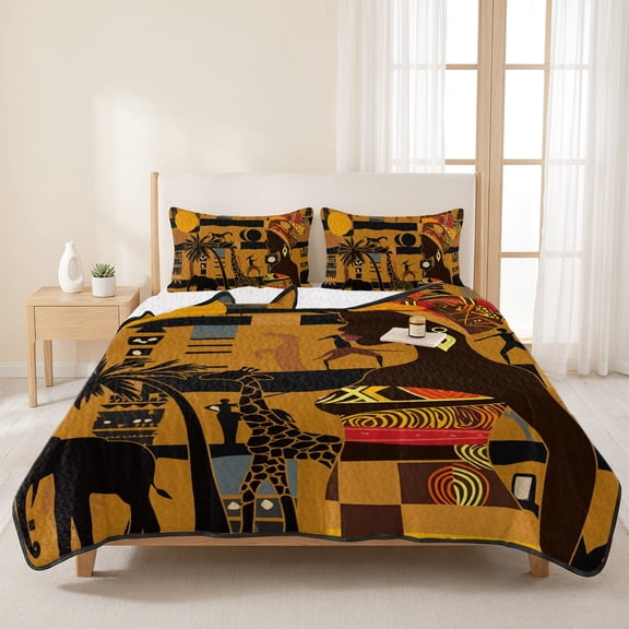 Black Women Giraffe Elephant Tree 3 Pieces Quilt Set,1 Quilt with 2 Shams,African Animal Bedspread Soft Lightweight Bedding Coverlet Comforter Set for All Season 96"x106"