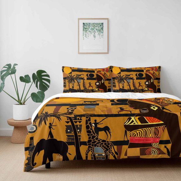 Black Women Giraffe Elephant Tree California King Size Bed Set,African Animal Bedding for All Seasons,4 Pcs Bed Set with 1 Quiltcover (96"x104"),1 Sheet (110"x98"),2 Pillowcases (20"x36")