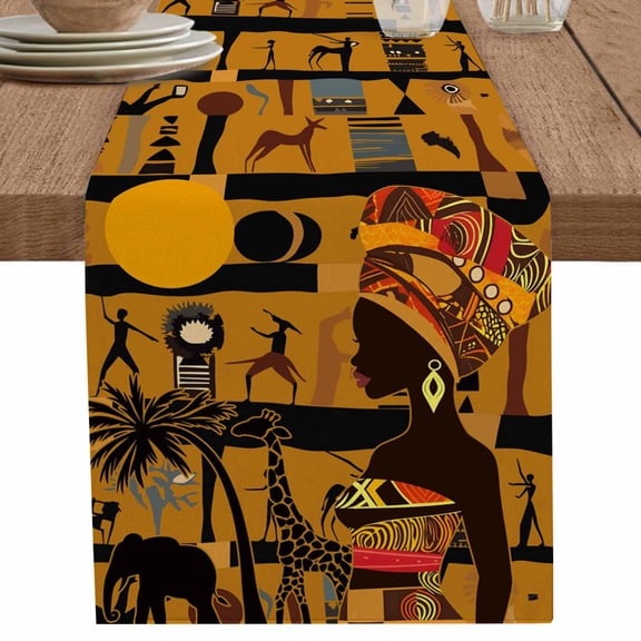 Black Women Giraffe Elephant Tree Table Runner-36 Inch Long African Animal Table Runners Linen Burlap Tablerunner for Kitchen Dining Room Holiday Party
