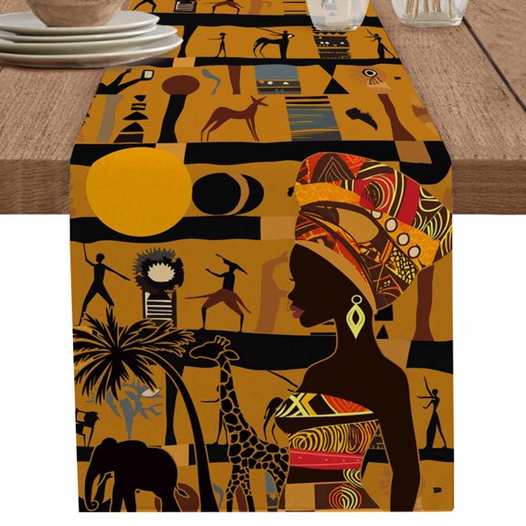 Black Women Giraffe Elephant Tree Table Runner-70 Inch Long African Animal Table Runners Linen Burlap Tablerunner for Kitchen Dining Room Holiday Party