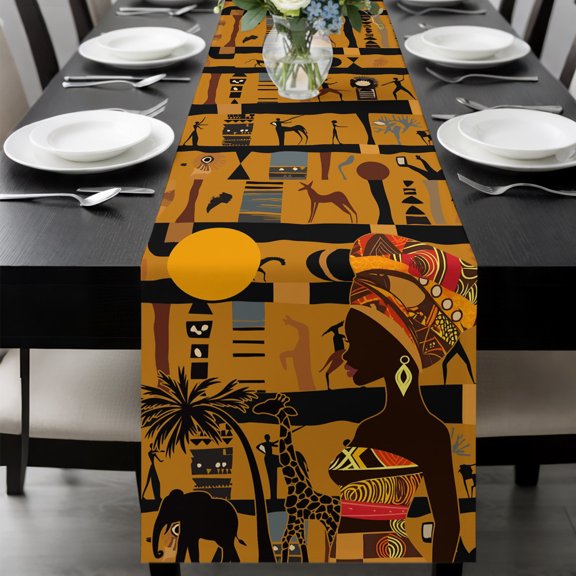 Black Women Giraffe Elephant Tree Table Runner 70 Inches Long,Kitchen Dining Tablerunners African Animal Pattern Linen Table Runners Dresser Scarves for Home Dinner Wedding Holiday Party Decor