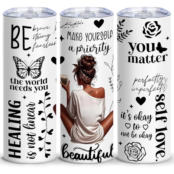 Black Women Girl Tumbler,20 OZ African American Insulated Stainless Steel Skinny Iced Coffee Tumblers with Lid,Love Yourself Inspirational Gifts for Friend,Women,Girls,Mom,1 Pcs