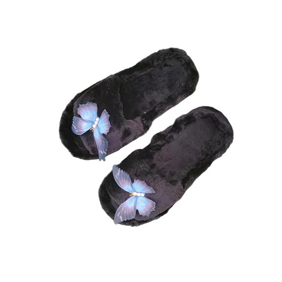 Black Women Indoor Home Fashionable Sandals With Butterfly Accents For Fall Winter Flat And Soft Warm For Easy Wear