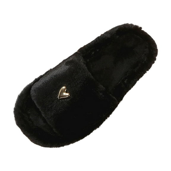 Black Women Indoor Slippers With Heart Metal Detail Non-Slip Soft Sole Comfortable For Fall Winter Wear