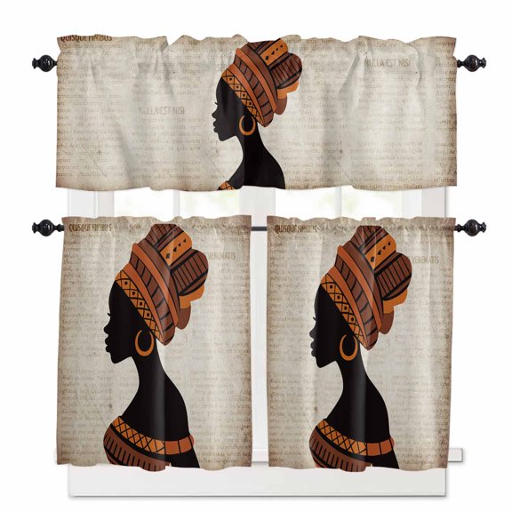Black Women Kitchen Curtains Valances and Tiers Set of 3, Retro Text Background 24 Inch Length Tier Curtains and Valance Rod Pocket Valance Curtains Set for Kitchen Bathroom Small Windows