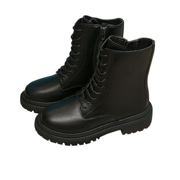 Black Women Lace Up Boots Low Heel Solid Color For Comfortable Walking In Cold Weather