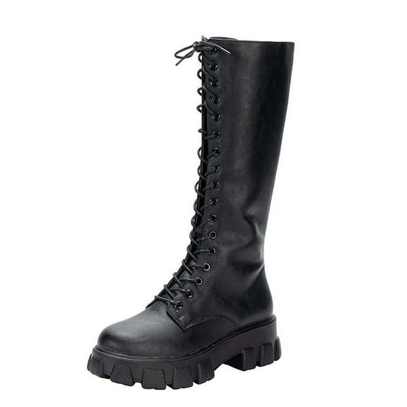Black Women Lace Up Combat Boots With Thick Sole And Chunky Heel Long Boot Design For Winter Wear Comfortable And Durable Ideal For Everyday Use
