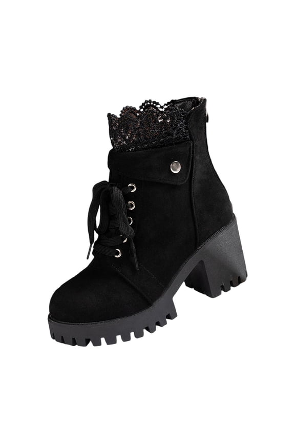 Black Women Lace Up Lace Back Zipper Round Toe Chunky Heel Boots Autumn Winter Casual Shoes With Thick Sole And Comfort Fit