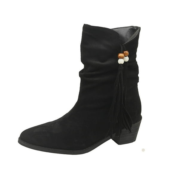 Black Women Martin Boots Pointed Toe Fringe Detail Low Heel British Style For Everyday Wear